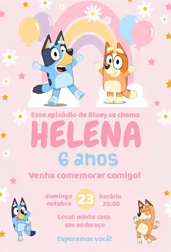 Convite Bluey menina – tema Aniversário Infantil rosa, divertido, moderno, lúdico, colorido, infantil