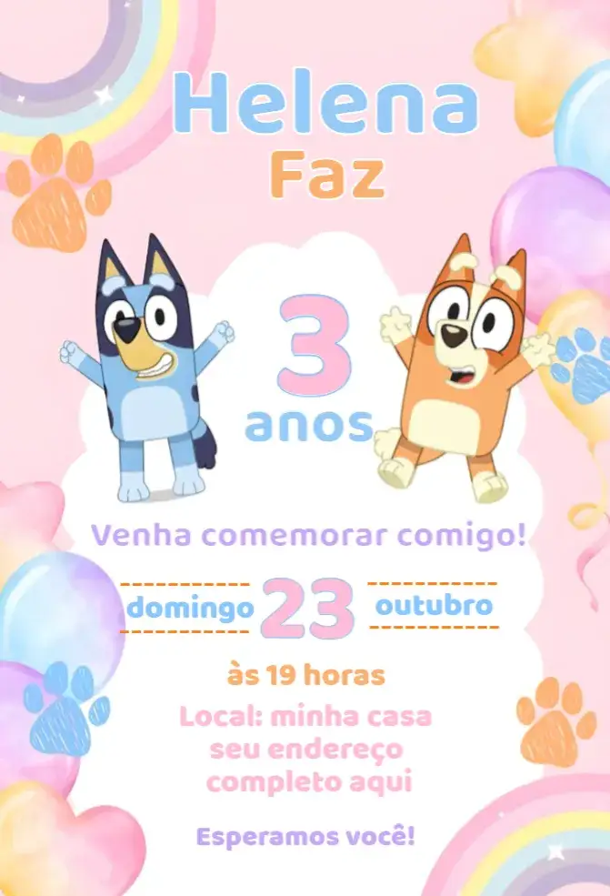 Convite Bluey menina – tema Aniversário cores vibrantes, ilustrações lúdicas, estilo infantil, tema rosa, personagens divertidos