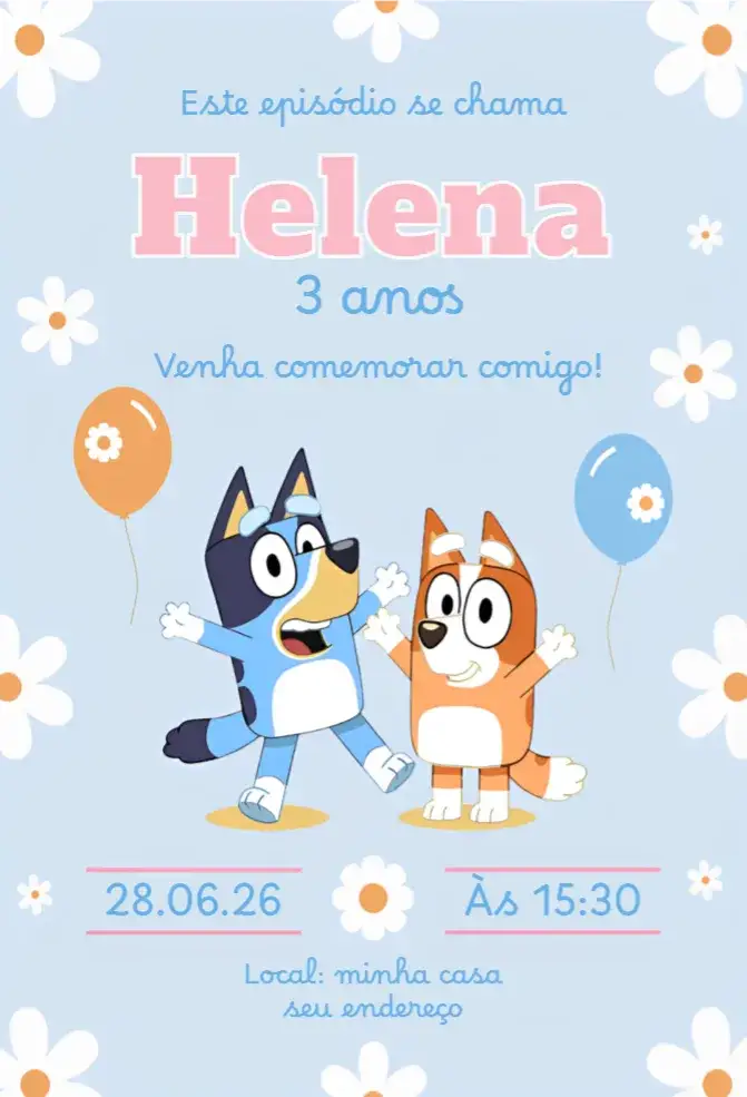 Convite Bluey menina – tema Aniversário azul, divertido, infantil, colorido, temática de personagens