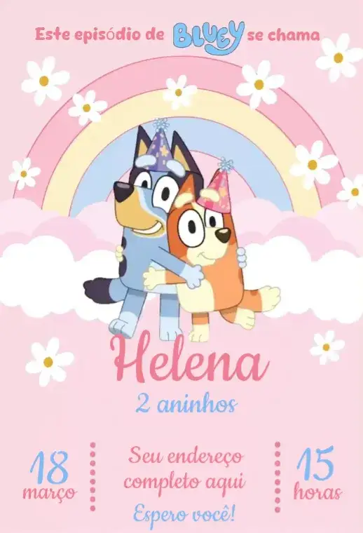 Convite Bluey e Bingo Menina Rosa – tema Aniversário Infantil rosa, divertido, moderno, infantil, colorido