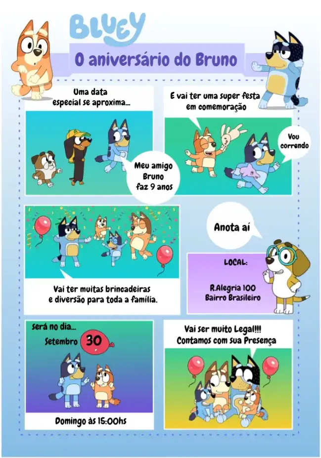 Convite Bluey Quadrinhos Azul – tema Mais pesquisados azul, quadrinhos, divertido, infantil, moderno, colorido