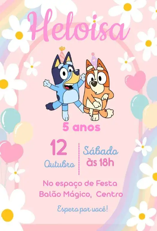 Convite Bluey rosa – tema Aniversário Infantil colorido, floral, pastel, fofo, moderno