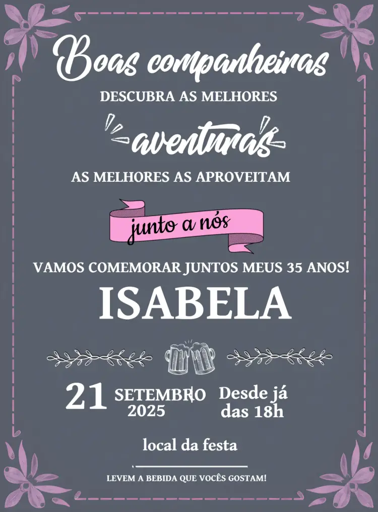 Convite Boas Amigas Rosa Cinza Boteco Bons