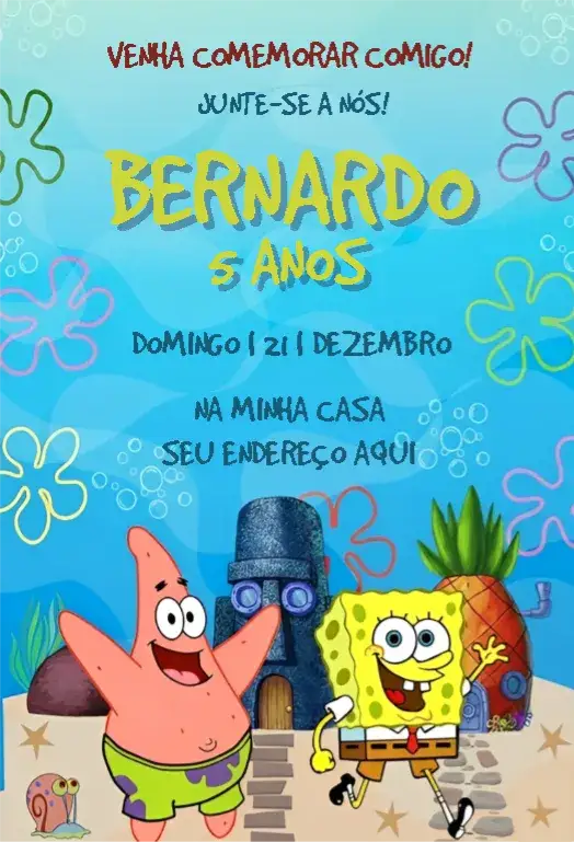 Convite Bob Esponja – tema Aniversário Infantil colorido, divertido, marinho, jovial, infantil, temático