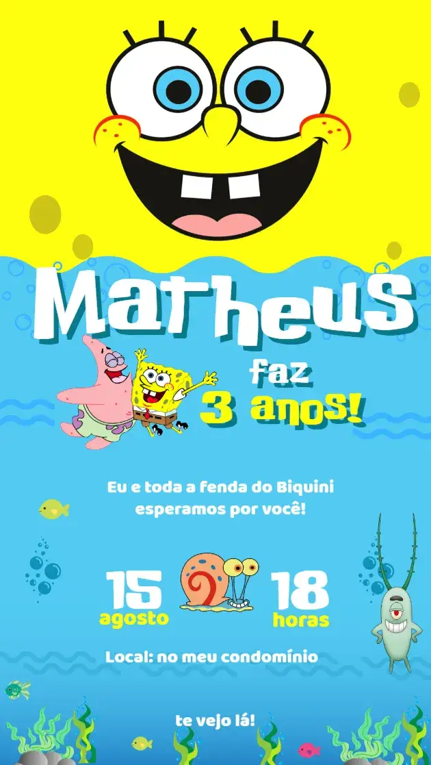 Convite Bob Esponja – tema Aniversário Infantil cores vibrantes, estilo cartoon, elementos do fundo do mar, inspirado em desenho animado, design divertido, estilo alegre