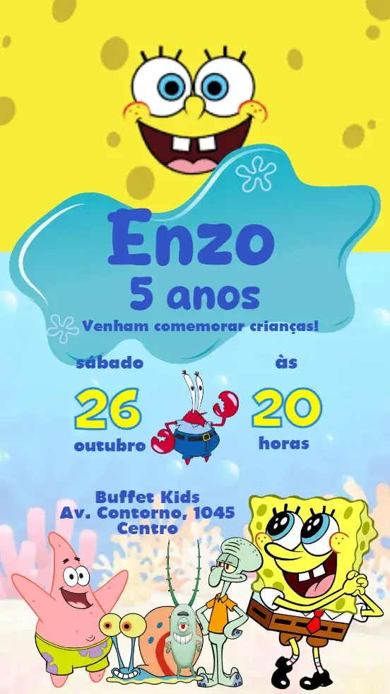Convite Bob Esponja – tema Aniversário Infantil colorido, marinho, divertido, temático, animado