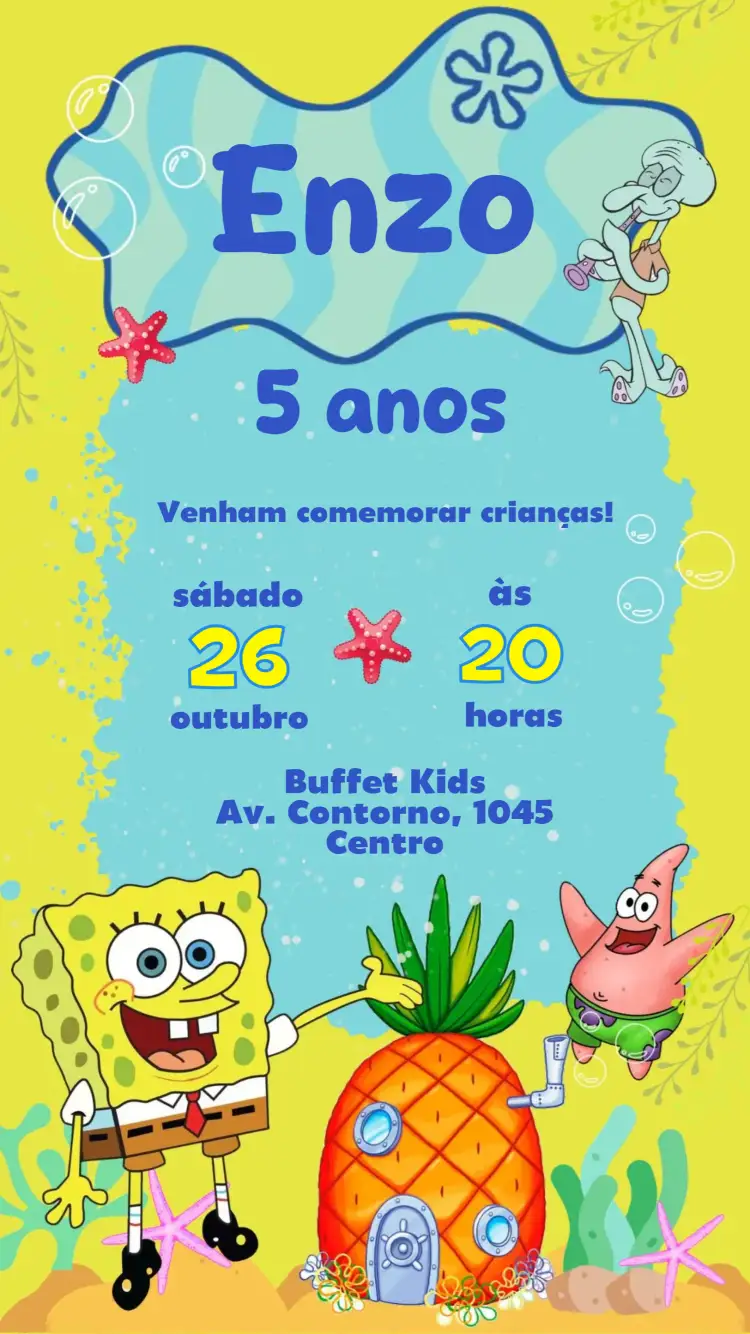 Convite Bob Esponja – tema Aniversário Infantil colorido, marinho, divertido, infantil, lúdico