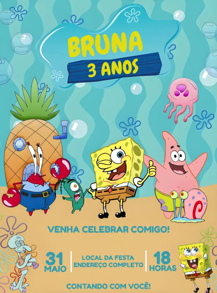 Convite Bob Esponja Agua – tema Mais pesquisados colorido, temático, marinho, divertido, infantil