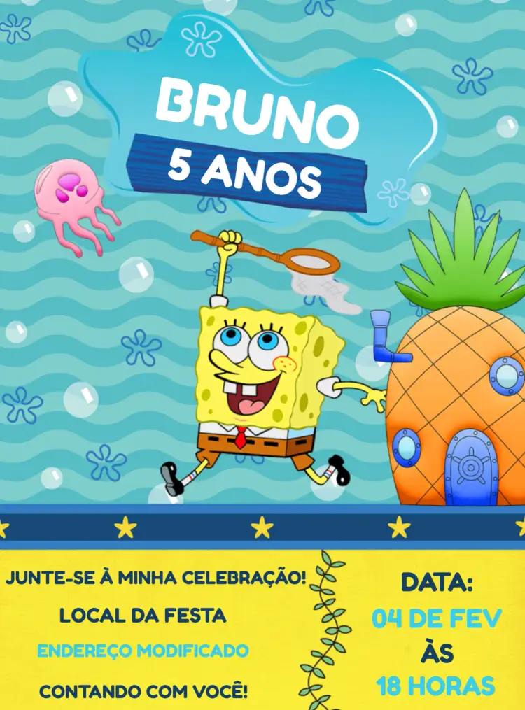 Convite Bob Esponja Amarelo – tema Mais pesquisados colorido, divertido, infantil, marinho, vibrante