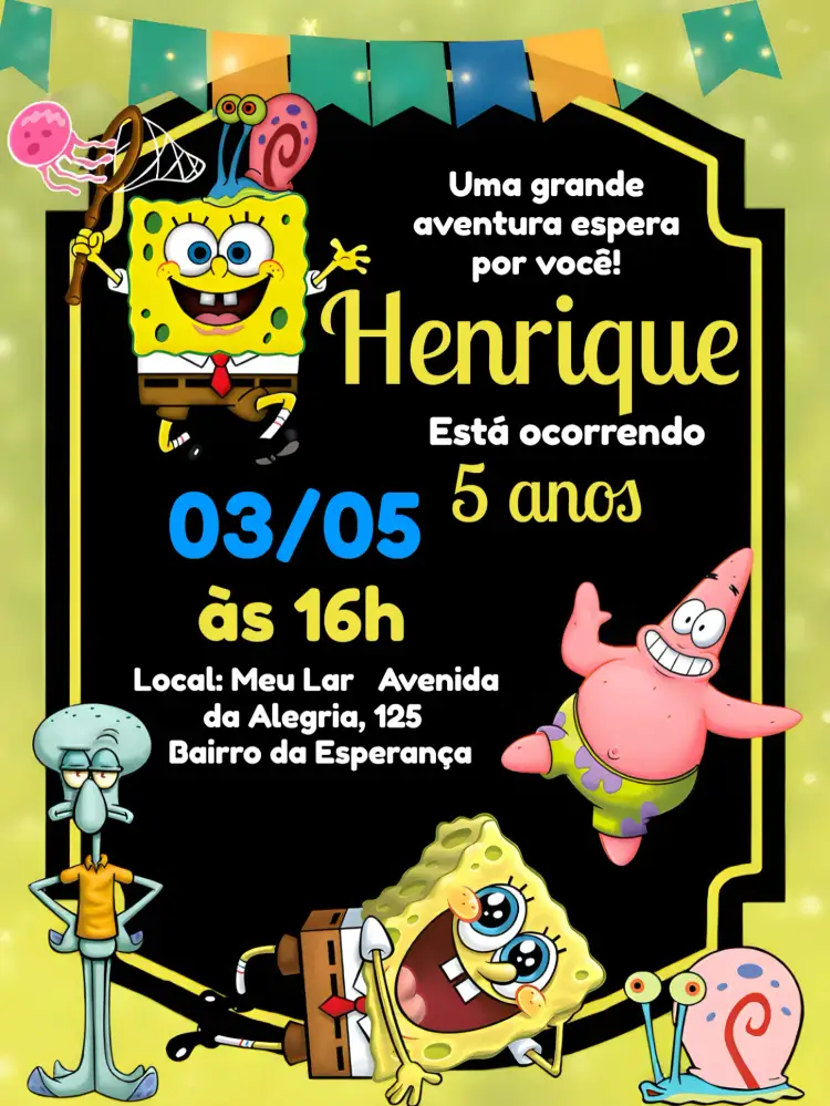 Convite Bob Esponja Animado – tema Aniversário Infantil colorido, marinho, divertido, animado, infantil