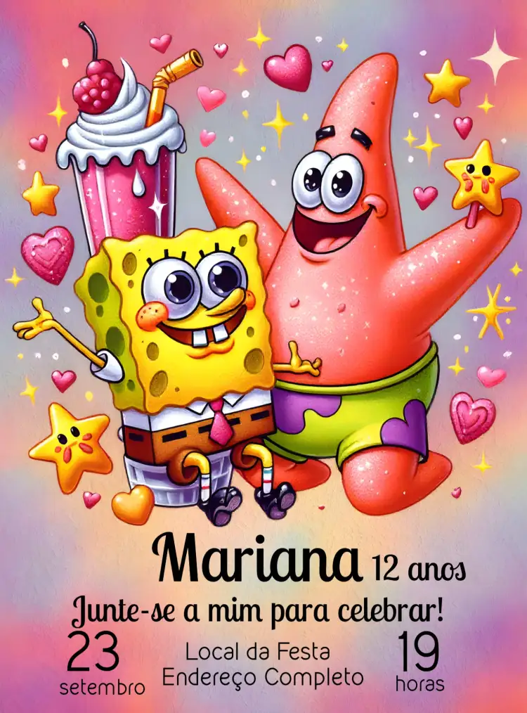 Convite Bob Esponja Colorido – tema Mais pesquisados colorido, infantil, divertido, marinho, animado