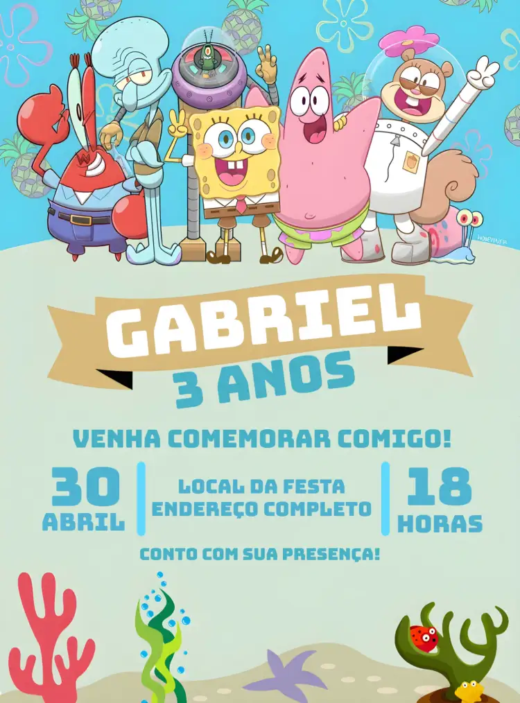 Convite Bob Esponja Desenho – tema Mais pesquisados colorido, divertido, marinho, infantil, temático, vibrante