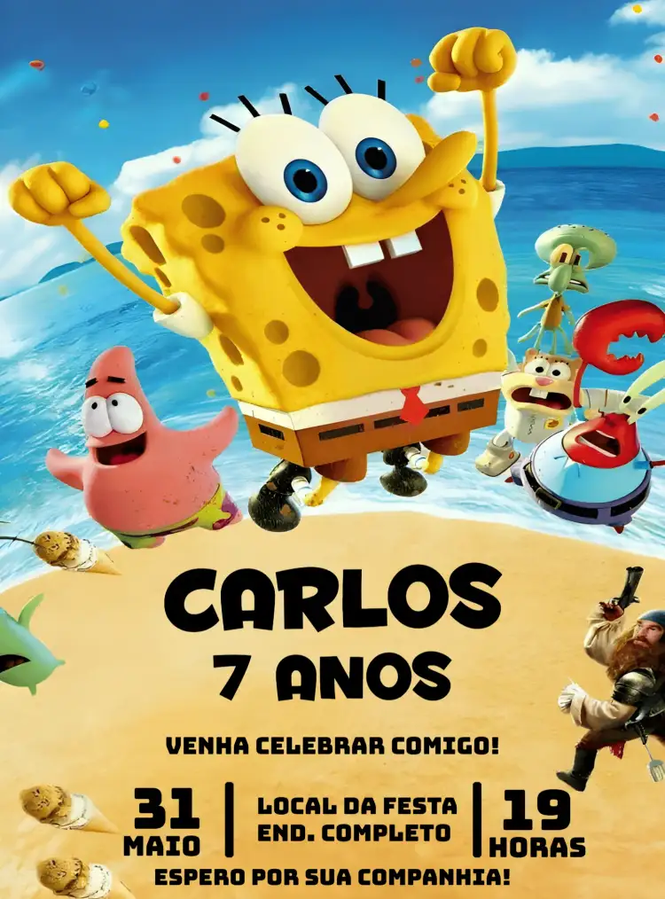 Convite Bob Esponja Desenho – tema Mais pesquisados colorido, praia, divertido, cartoon, verão