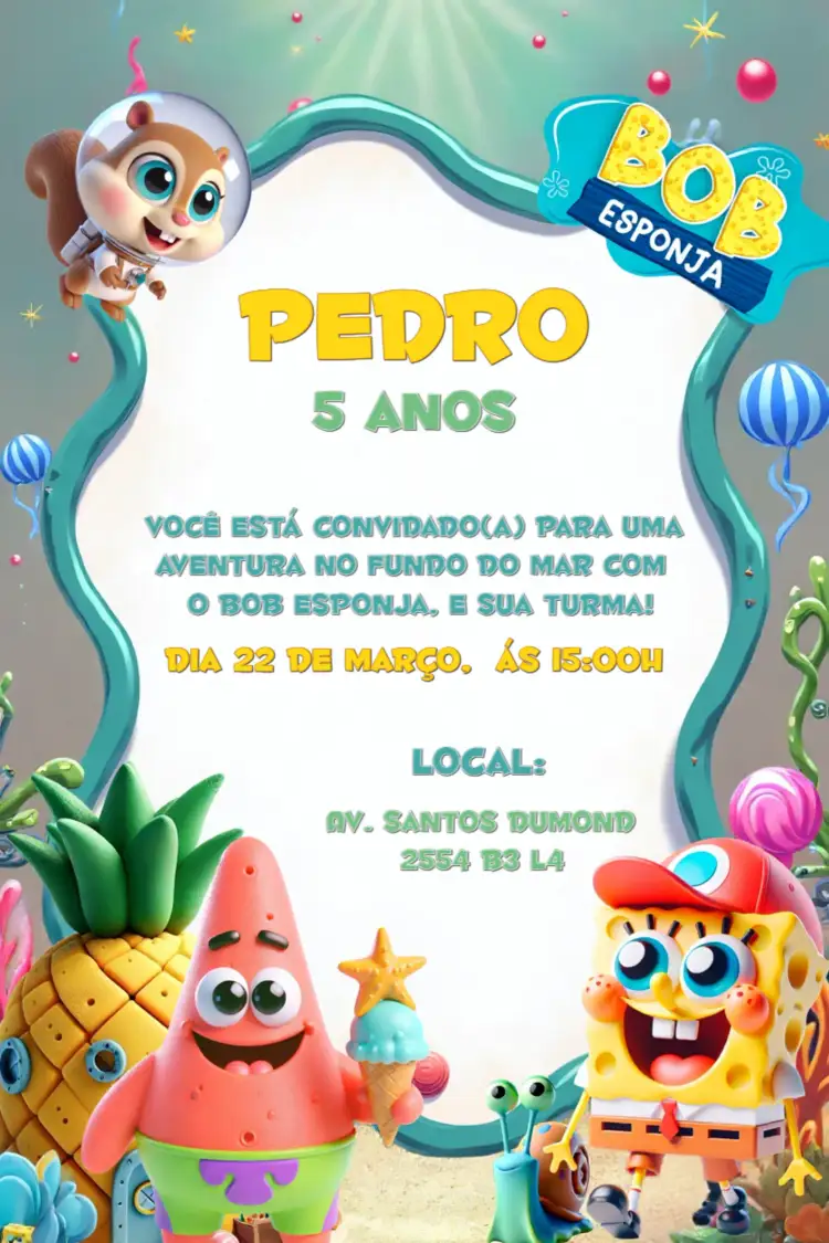 Convite Bob Esponja Fundo – tema Aniversário Infantil fundo do mar, colorido, divertido, infantil, tropical