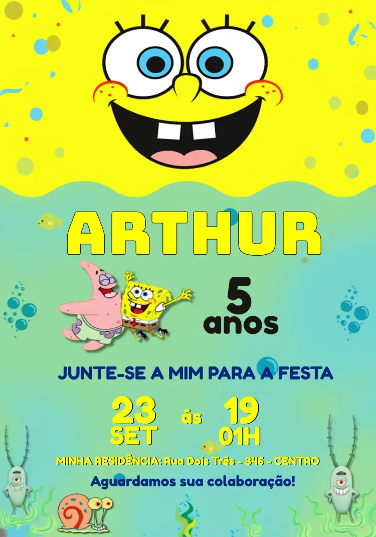 Convite Bob Esponja Mar – tema Mais pesquisados colorido, marinho, infantil, divertido, animado, temático