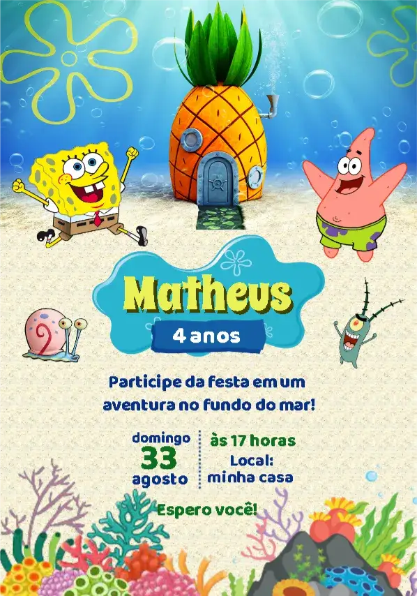 Convite Bob Esponja Mar – tema Mais pesquisados colorido, fundo do mar, divertido, infantil, temático