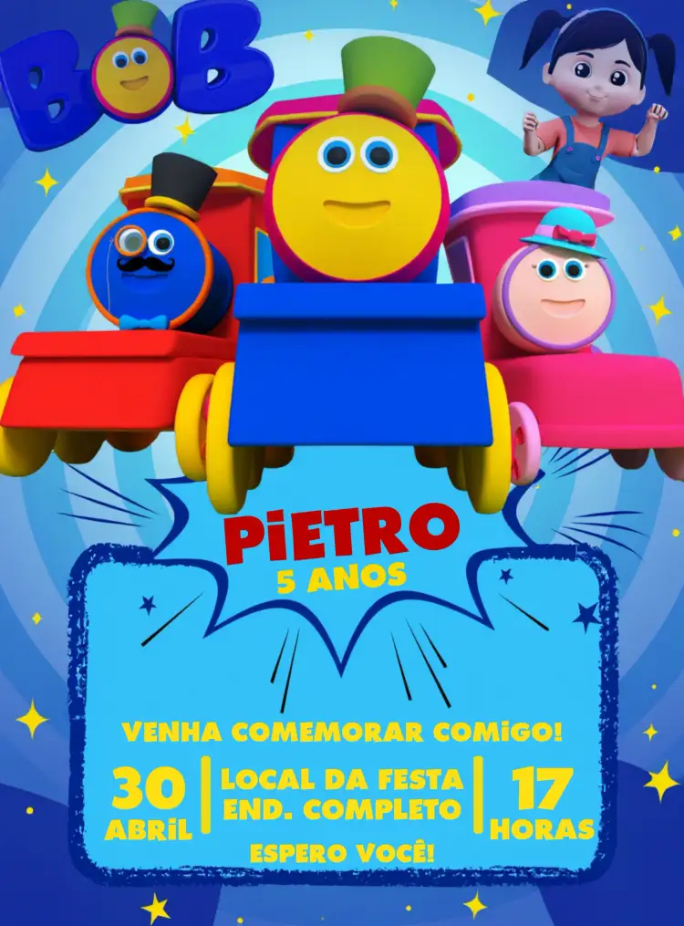 Convite Bob O Trem Amarelo – tema Formatura colorido, infantil, lúdico, vibrante, moderno