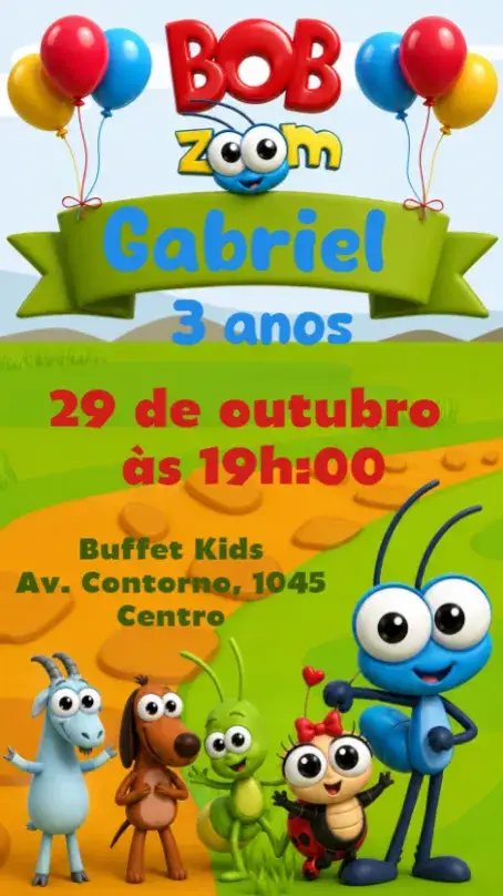 Convite Bob Zoom – tema Aniversário Infantil colorido, divertido, infantil, moderno, temático