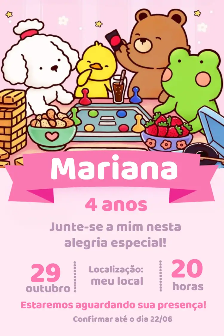 Convite Bobbie Goods Animais – tema Aniversário Infantil colorido, divertido, infantil, animal, ilustrações, lúdico