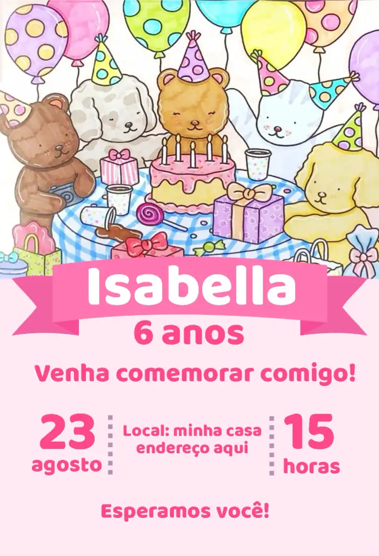 Convite Bobbie Goods – tema Aniversário Infantil rosa, lúdico, moderno, divertido, colorido
