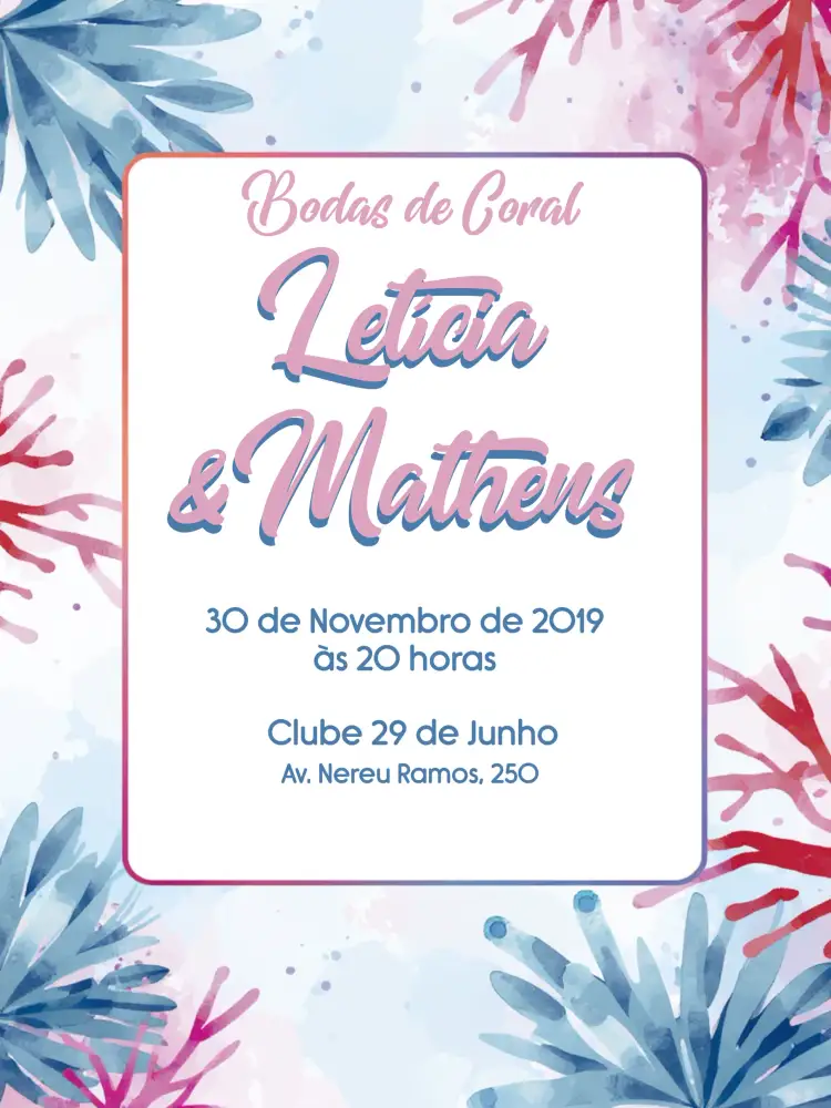 Convite Bodas De Coral Anos – tema Chá de Panela colorido, aquarela, romântico, vibrante, moderno