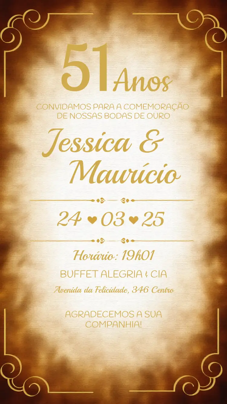 Convite Bodas De Ouro Casamento – tema Aniversário Infantil dourado, arabescos, elegante, clássico, romântico