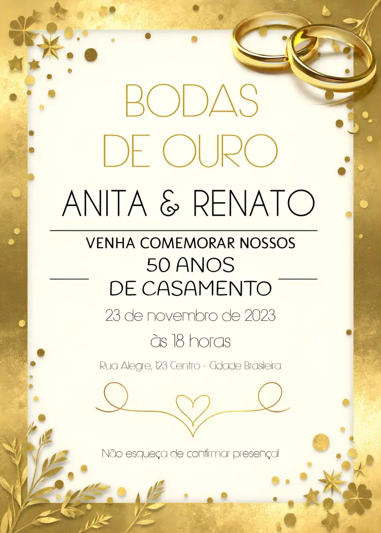 Convite Bodas De Ouro Dourado - 50 Anos Casamento Aliança