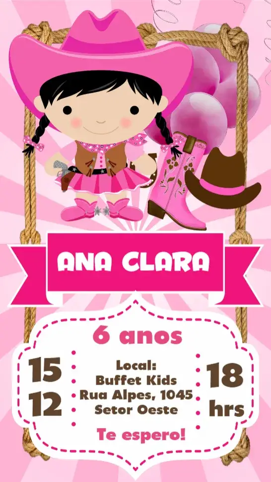 Convite Boiadeira – tema Aniversário Infantil rosa, divertido, colorido, lúdico, infantil, alegre