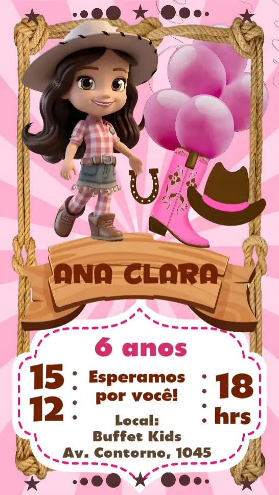 Convite Boiadeira – tema Aniversário rosa, divertido, festivo, colorido, moderno
