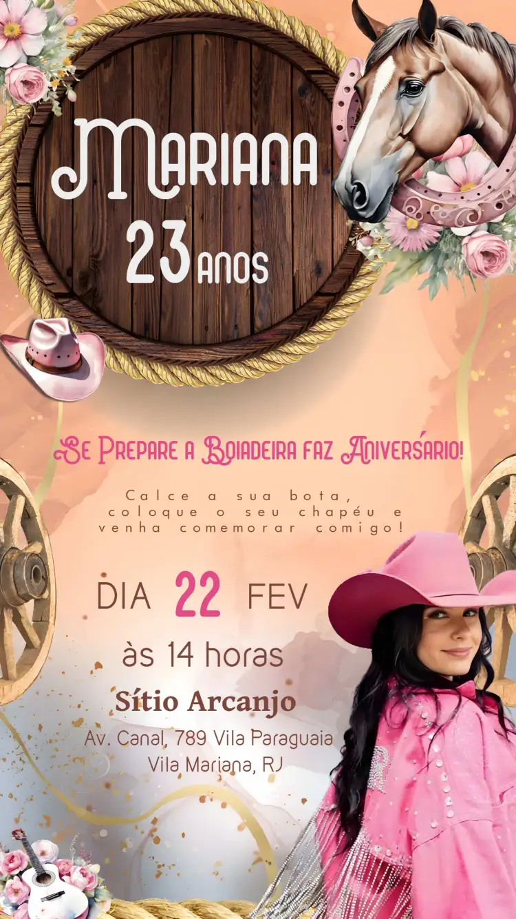 Convite Boiadeira Ana Castela Cowboy – tema Mais pesquisados country, boiadeiro, vintage, rosa, divertido, temático