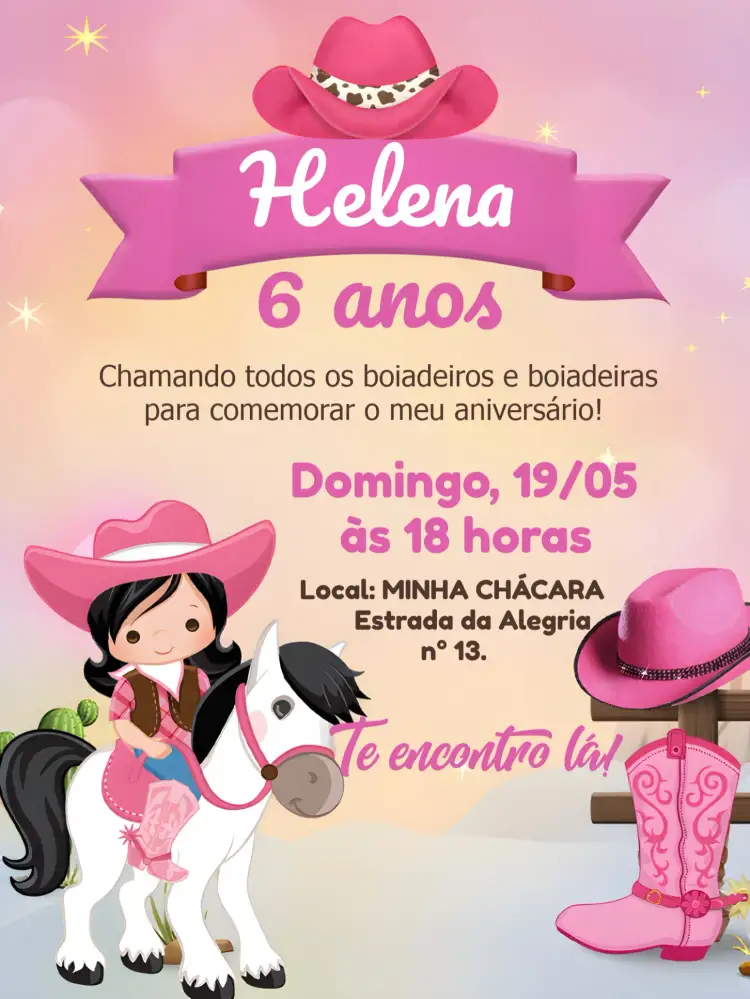 Convite Boiadeira Chapéu – tema Mais pesquisados fazenda, cowgirl, rural, colorido, infantil, temático