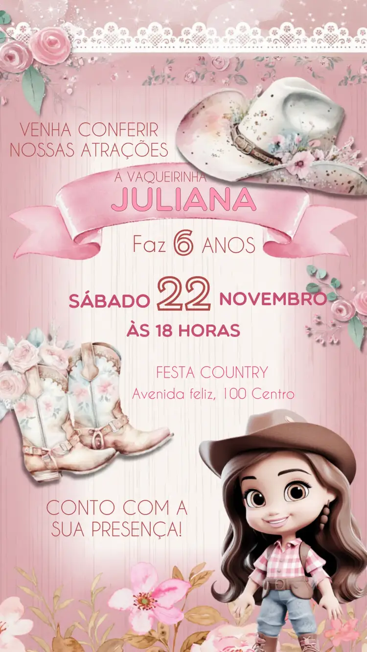 Convite Boiadeira Infantil – tema Mais pesquisados floral, vaqueira, rústico, colorido, divertido, temático