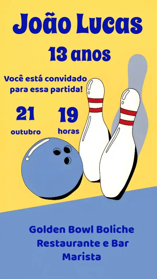 Convite Boliche – tema Aniversário colorido, divertido, esportivo, temático, ilustrações infantis, modern