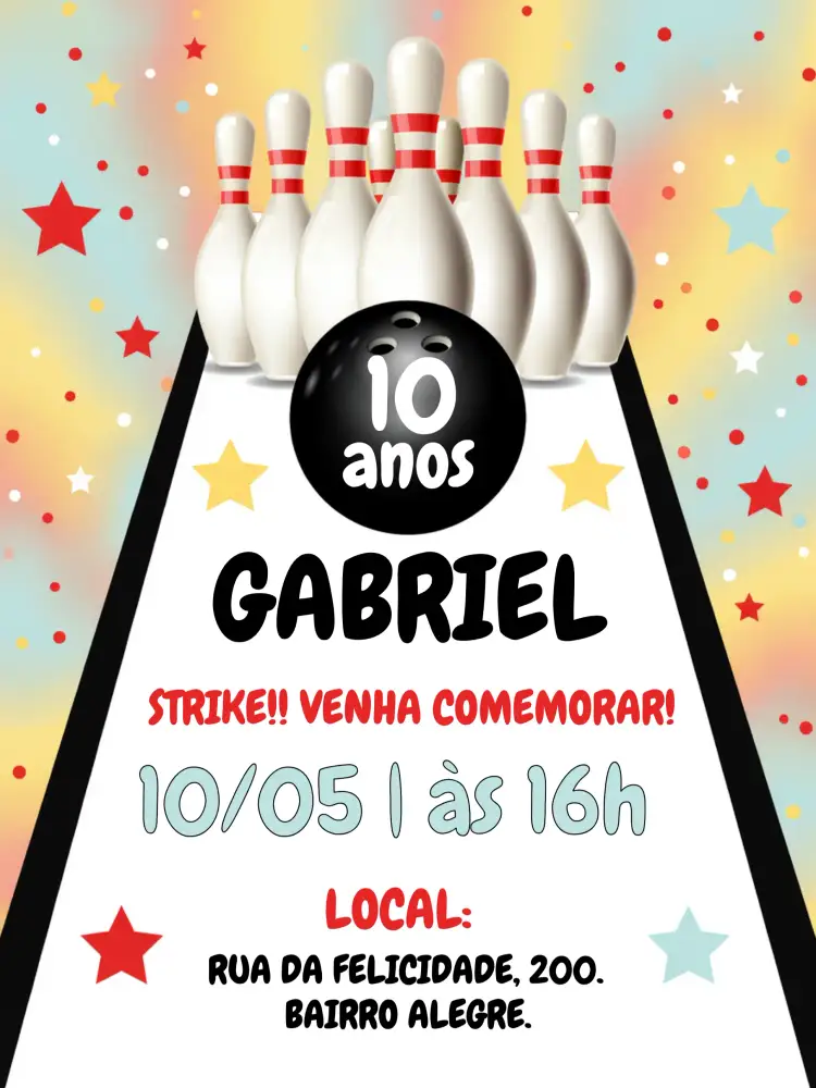 Convite Boliche Infantil – tema Aniversário colorido, divertido, temático, jovial, moderno, animado