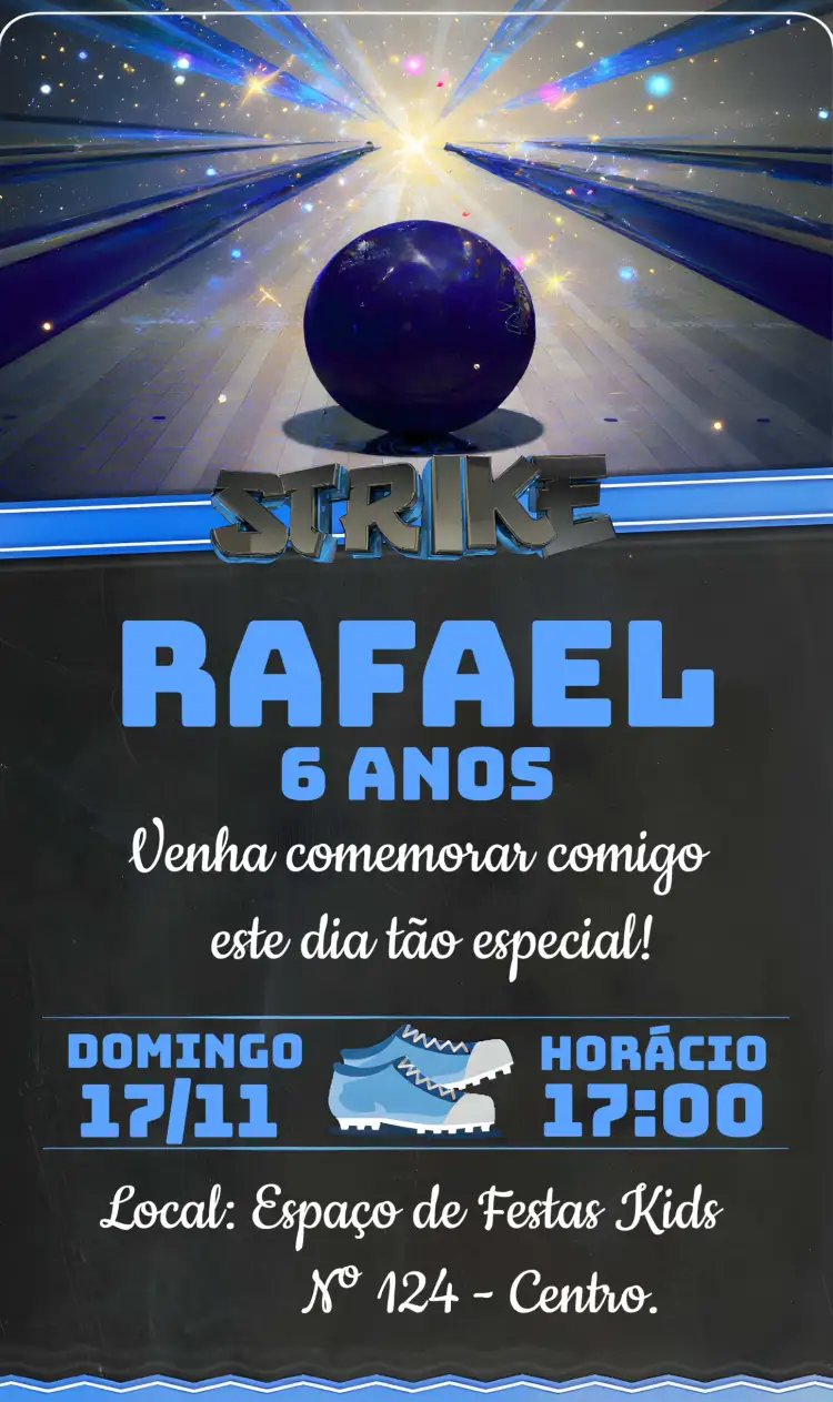 Convite Boliche Menino Strike – tema Aniversário Infantil colorido, moderno, divertido, jogos, esportivo, temático