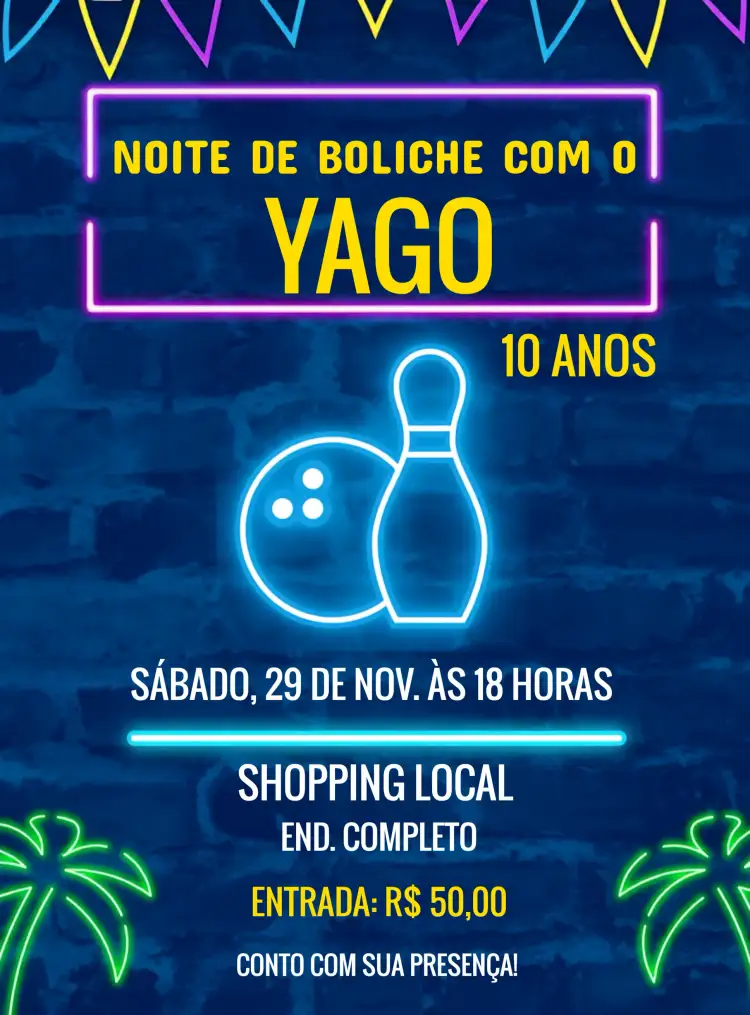 Convite Boliche Neon Noite – tema Mais pesquisados neon, moderno, divertido, colorido, jovem, festivo