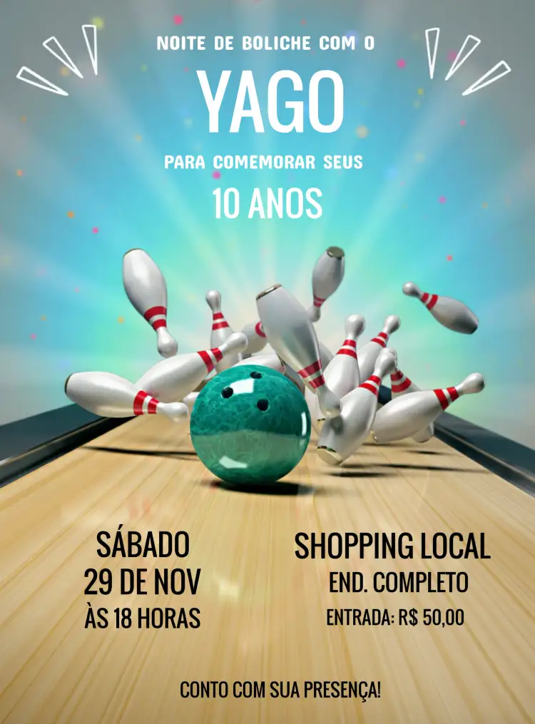 Convite Boliche Pino – tema Mais pesquisados colorido, divertido, moderno, jovial, jogos, esportivo