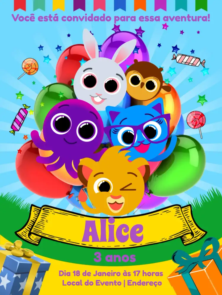 Convite Bolofofo Azul – tema Mais pesquisados animais, festivo, infantil