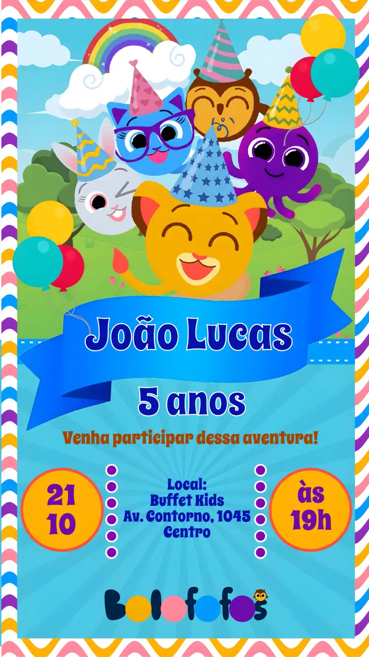 Convite Bolofofos – tema Aniversário Infantil colorido, divertido, lúdico, infantil, temático