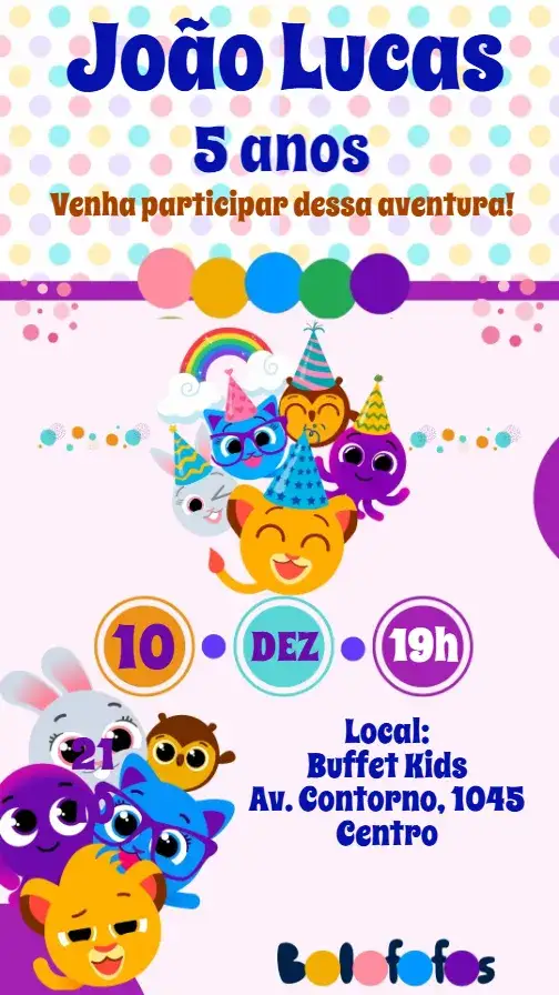 Convite Bolofofos – tema Aniversário Infantil colorido, divertido, brincalhão, ilustrações infantis, vibrante, tema de festa