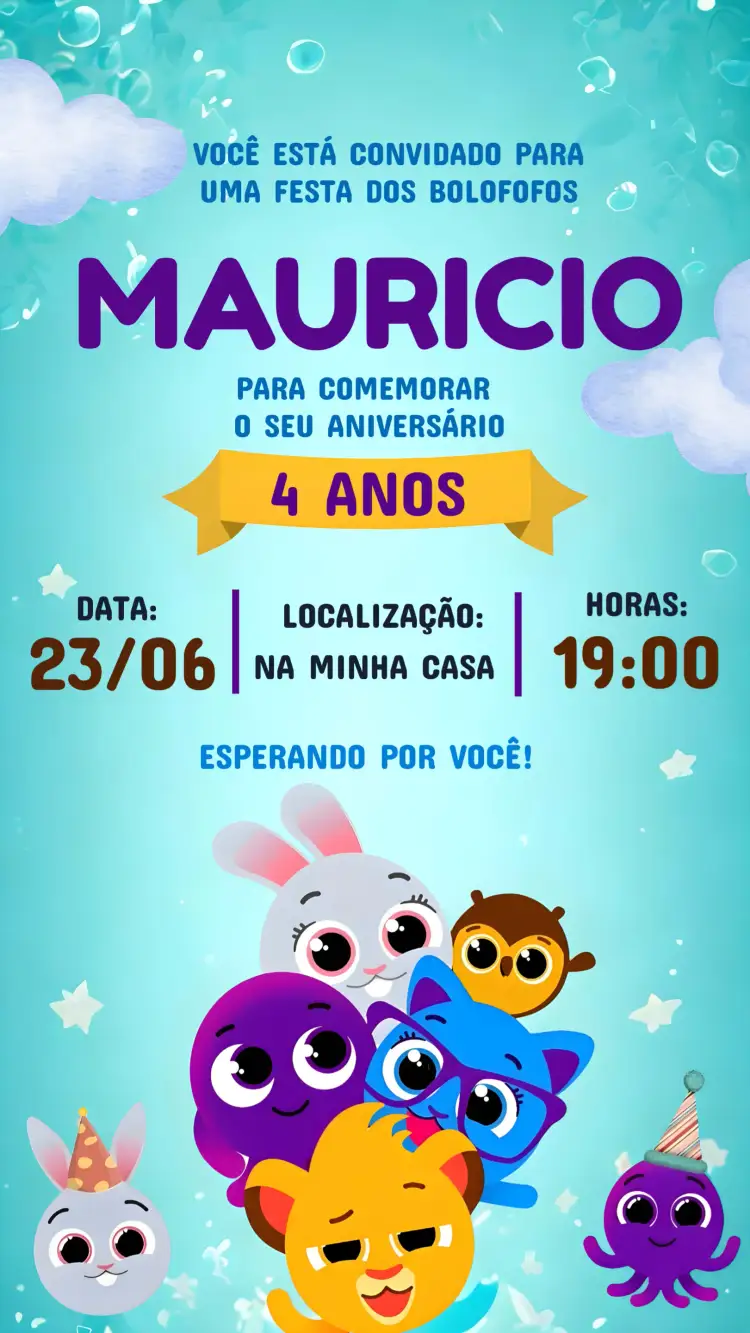 Convite Bolofofos – tema Aniversário Infantil roxo, lilás, divertido, colorido, infantil