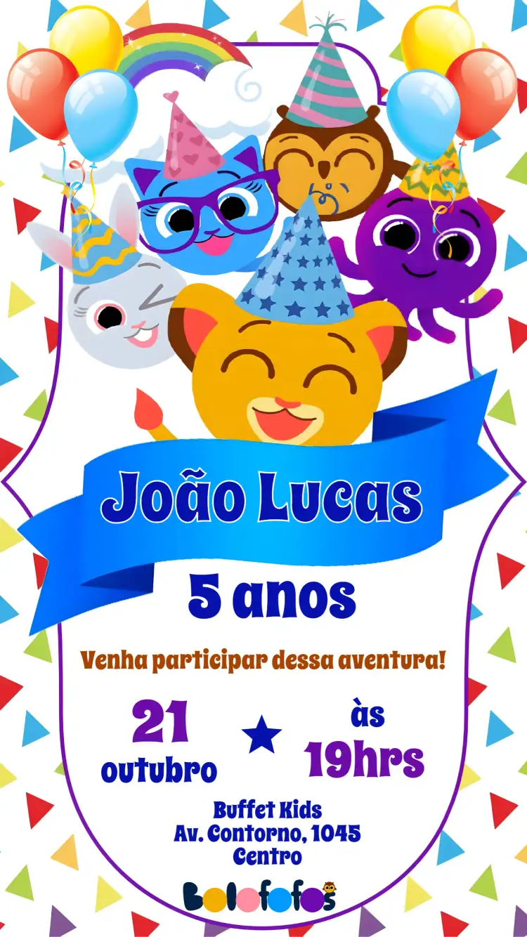 Convite Bolofofos – tema Aniversário Infantil colorido, divertido, lúdico, moderno, temático