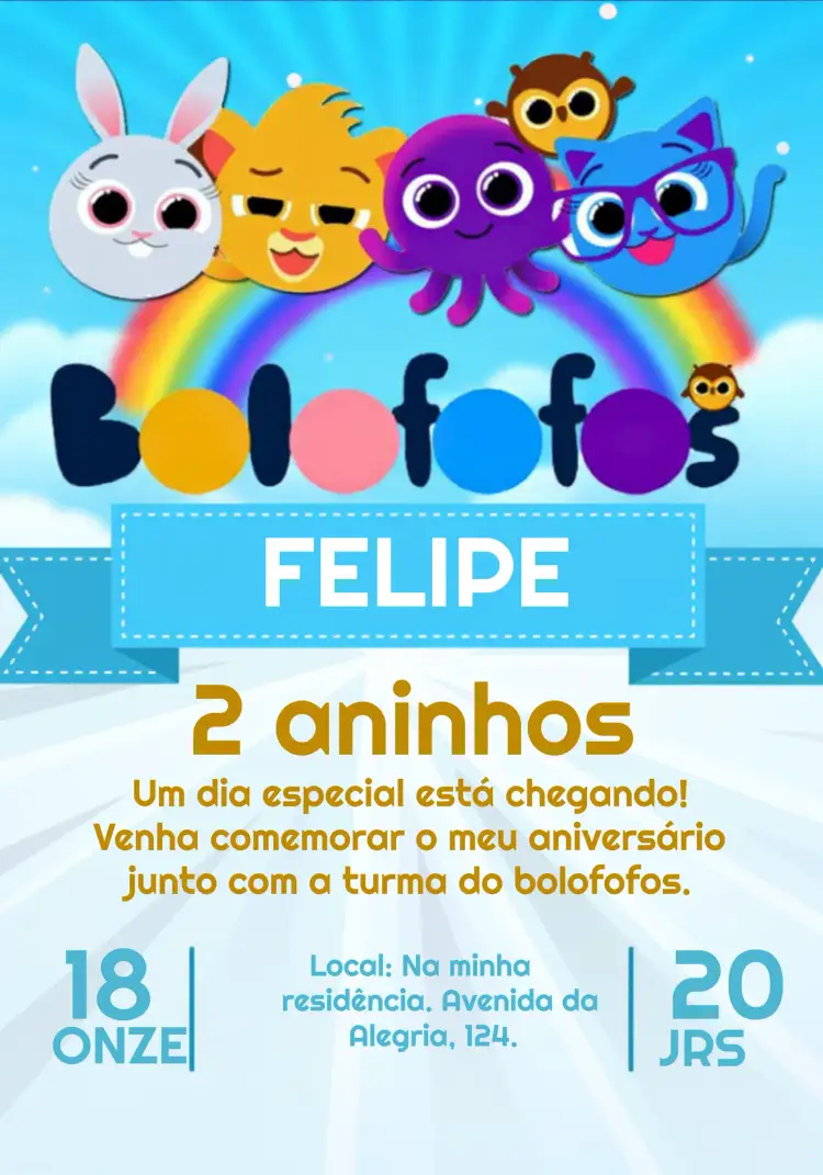 Convite Bolofofos - Azul E Branco Arco – tema Mais pesquisados azul, branco, arco-íris, infantil, colorido, lúdico