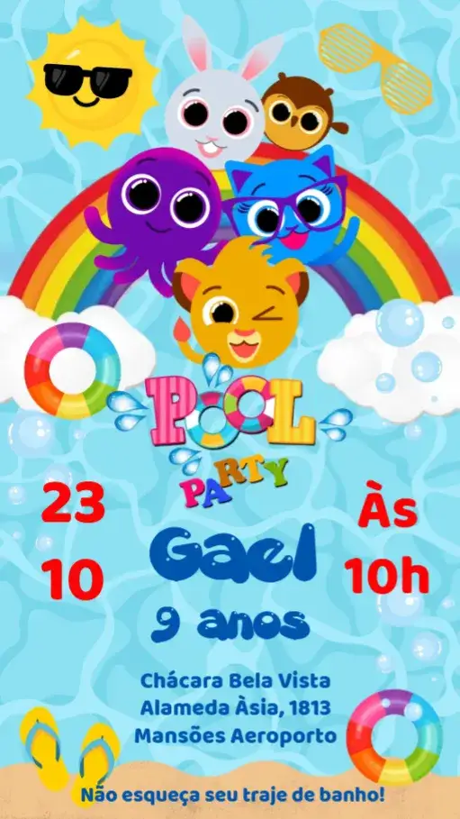 Convite Bolofofos Festa na Piscina – tema Aniversário Infantil colorido, divertido, tropical, água, verão, animado