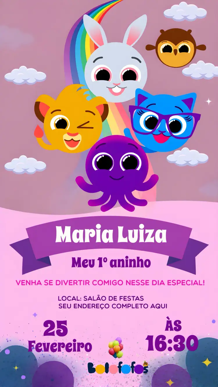 Convite Bolofofos Lilás – tema Mais pesquisados lilás, glitter, infantil, divertido, doce, colorido