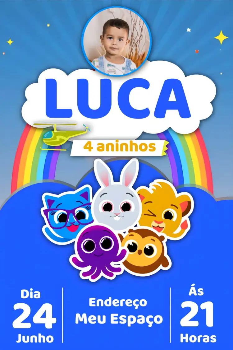 Convite Bolofofos Menino – tema Mais pesquisados azul, divertido, lúdico, infantil, colorido, moderno