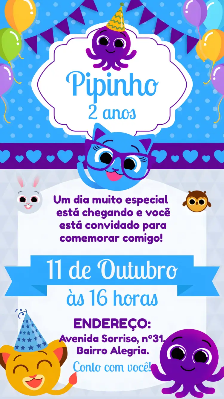 Convite Bolofofos Pipi – tema Mais pesquisados colorido, divertido, temático, infantil, alegre