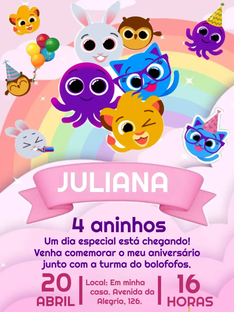 Convite Bolofofos Rosa - Menina Infantil – tema Mais pesquisados rosa, infantil, lúdico, colorido, divertido