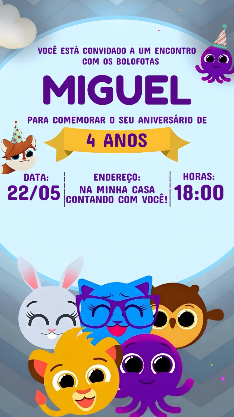 Convite Bolofofos Roxo – tema Aniversário Infantil colorido, roxo, lilás, divertido, lúdico, moderno