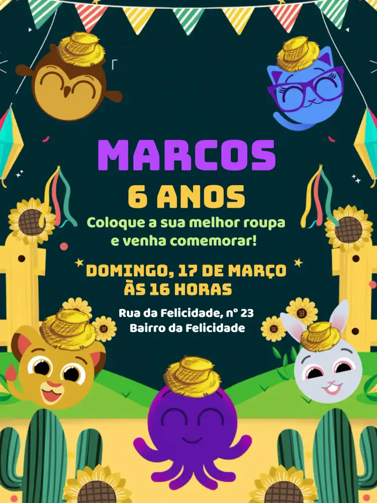 Convite Bolofofos São João Arraiá – tema Datas Comemorativas colorido, festa junina, vintage, brincalhão, nordestino, divertido
